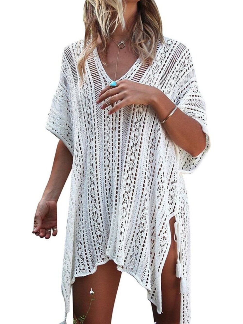 Women's Off White Polyester Crochet Cover up Swimsuit Breathable Beach Swimwear